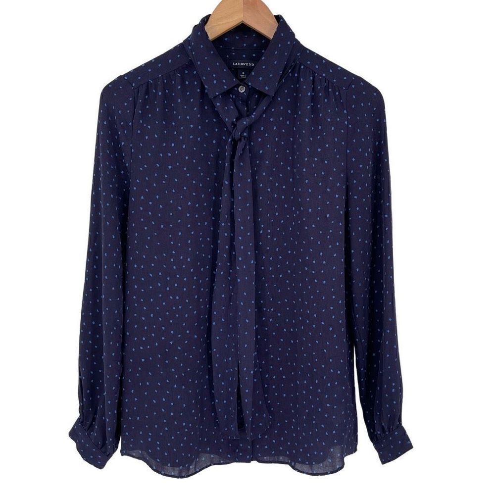 Lands' End Button‎ Up Neck Tie Long Sleeve Blouse Polka Dot Women 6 Navy Blue